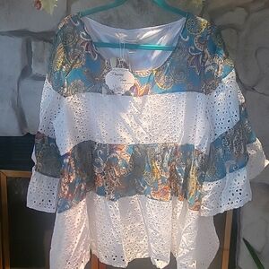 NWT Paisley Vine Womens Boho Coastal Cowgirl Ruffled Babydoll Top 2XL